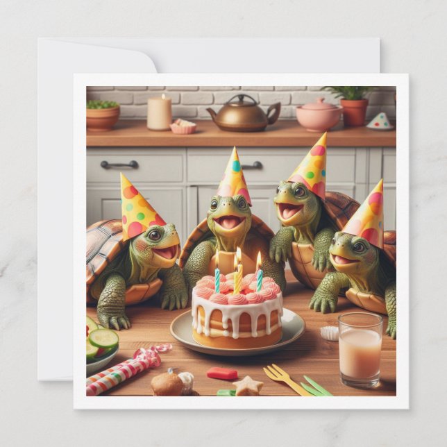 Turtles firar födelsedag med kakor och hattar inbjudningar (Framsida)