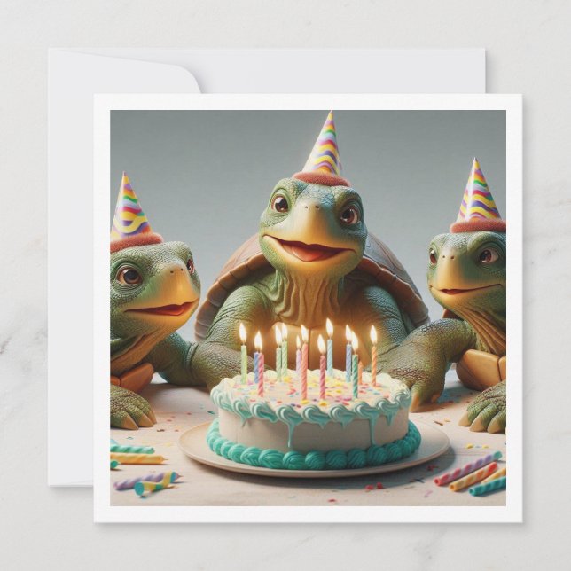 Turtles firar födelsedag med kakor och hattar inbjudningar (Framsida)