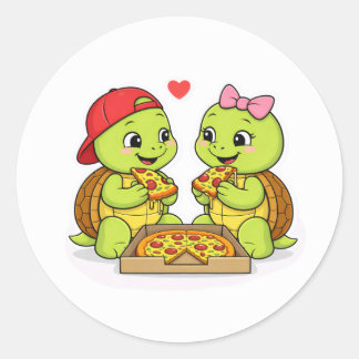 Turtles sharing pizza and smiles runt klistermärke