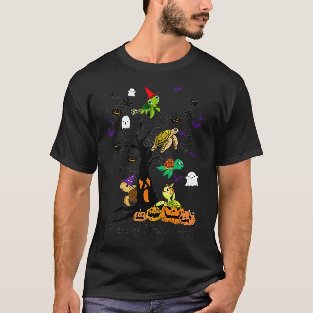 Turtles Witch on Träd Pumpkin Fladdermus Happy hal T Shirt (Framsida)