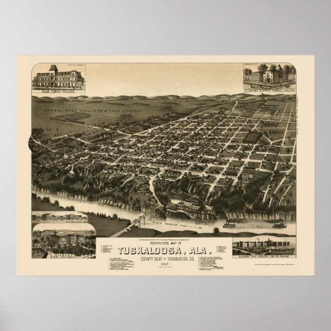 Tuscalosa, AL Panoramic Karta - 1887 Poster (Framsidan)