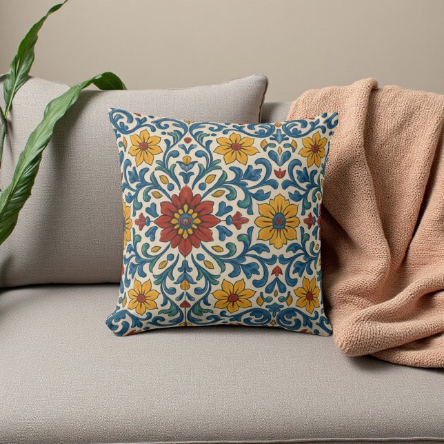 Tuscan Blue and White Blommigt Botanical Summer Bo Kudde (Tuscan Blue and White Floral Botanical Summer Boho Throw Pillow)