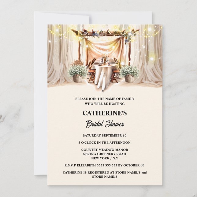 Tuscan boho string ljus elegant drapor inbjudningar (Framsida)