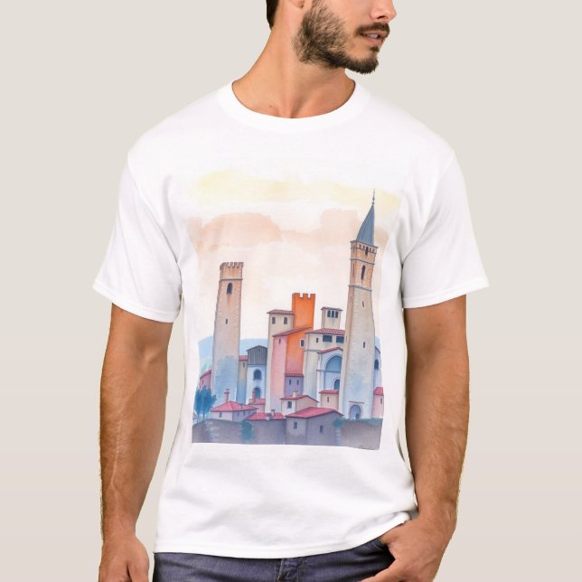 Tuscan Dreams: San Gimignano Watercolor T-Shirt (Framsida)