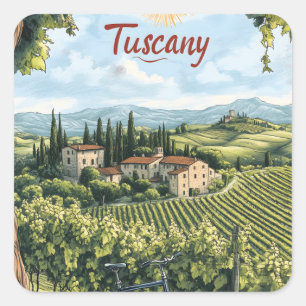 Tuscan Ligcape med vinodlingar och en cykel Fyrkantigt Klistermärke