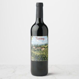 Tuscan Ligcape med vinodlingar och en cykel Vinflaska Etikett
