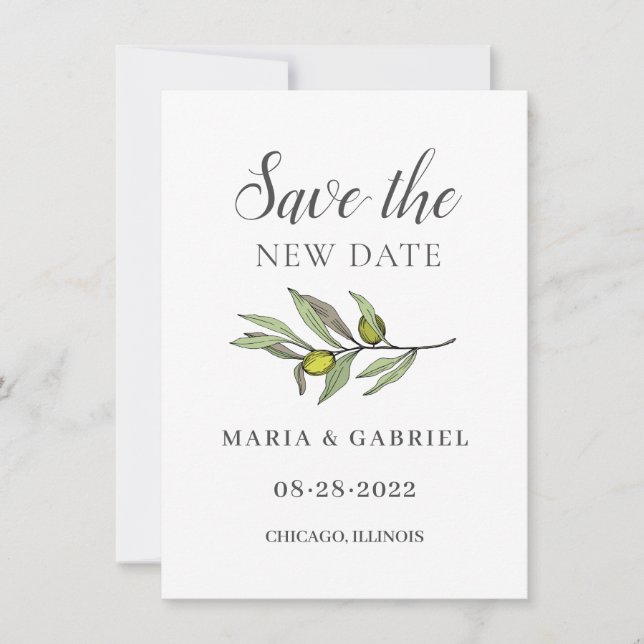 Tuscan Olivgren. Botanisk Bröllopsändring Spara Datumet (Framsida)