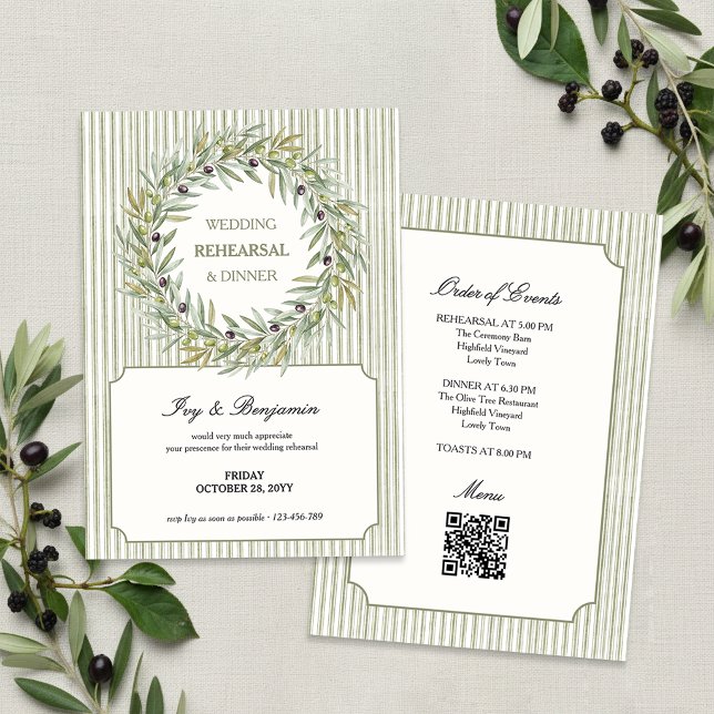 Tuscan Olivgrön Rand Övningsmiddag Inbjudningar (Wedding Rehearsal Dinner invitation with olive wreath and green ticking stripe by Darling & May)