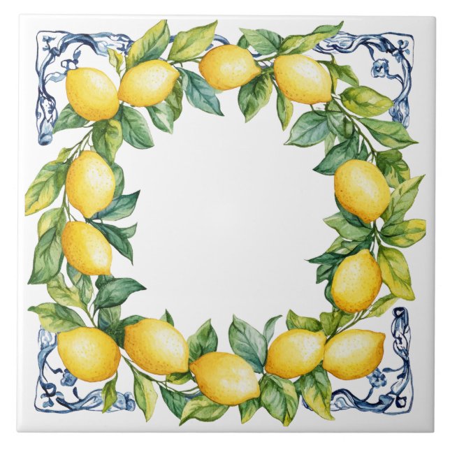 Tuscan Rustic Mediterranean Yellow Lemon Wreath Kakelplatta (Framsidan)