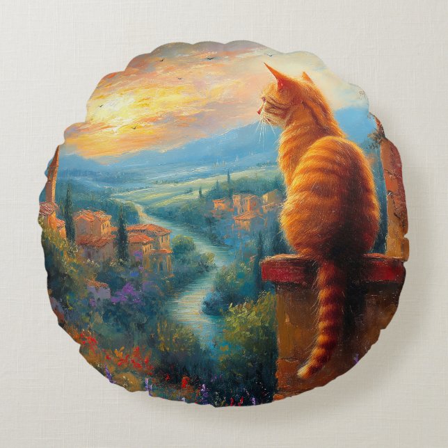 Tuscan Solnedgång med en Gingerkatt Rund Kudde (Framsidan)