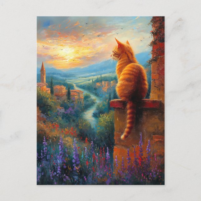 Tuscan Solnedgång med en Gingerkatt Vykort (Framsida)