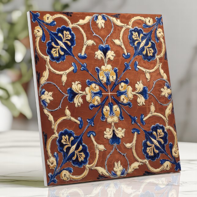 Tuscan Terrakotta Blommor i Blått och Guld Kakelplatta (Skapare uppladdad)