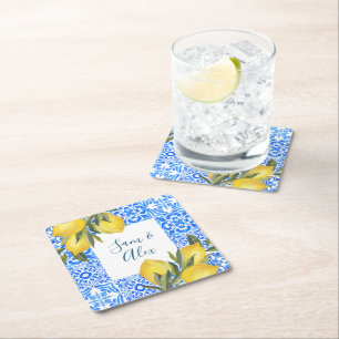 Tuscan Tile Watercolor med Lemon Underlägg Papper Kvadrat