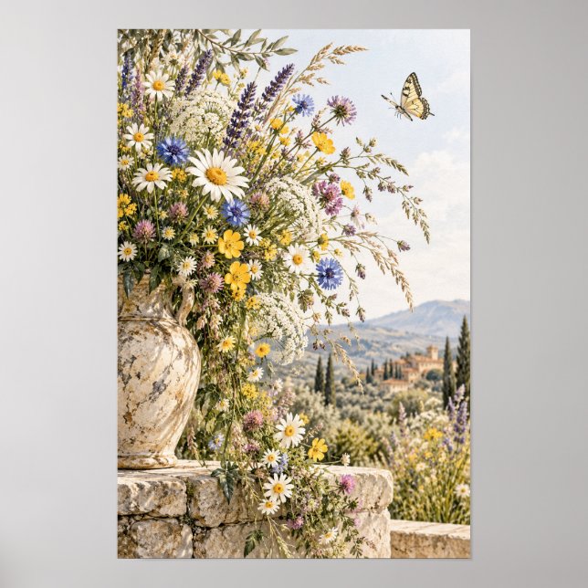 Tuscan vas med vilda blommor Fjäril Väggkonst (Framsidan)