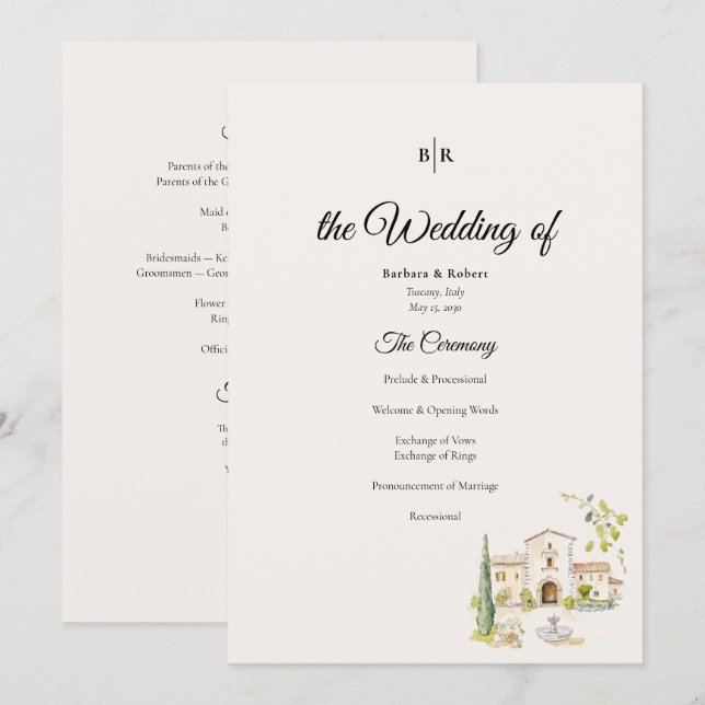 Tuscan Villa Wedding Program Elegant Italy (Fram/baksida)