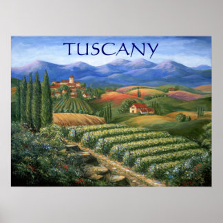 Tuscan Vineyard och byn Poster