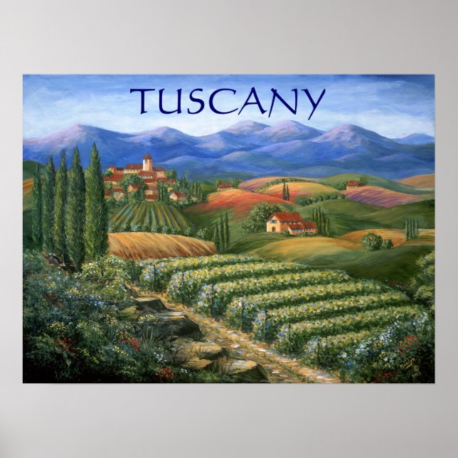 Tuscan Vineyard och byn Poster (Framsidan)