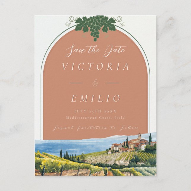 Tuscan Vineyard Terracotta Save the Date Card Meddelande Vykort (Framsida)