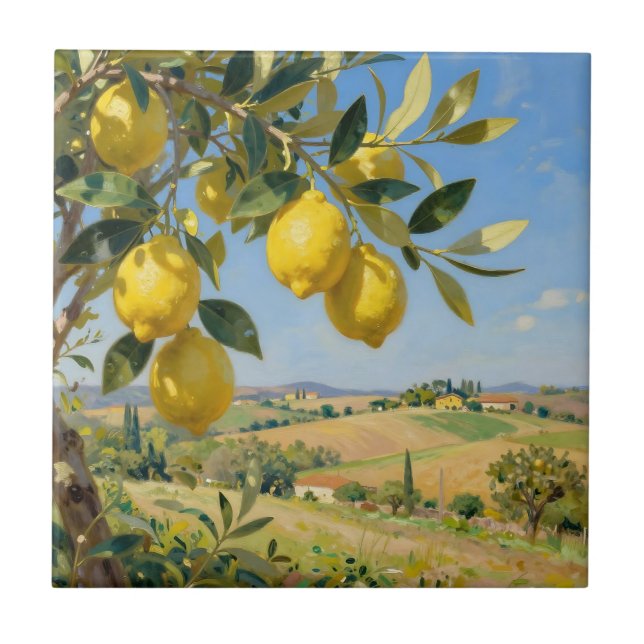 Tuscaniskt landskap med citrusträd kakelplatta (Framsidan)