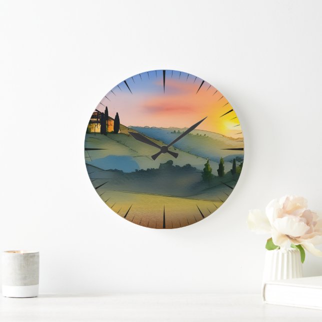 Tuscany Hills Scenic Watercolor   Stor Klocka (Hem)