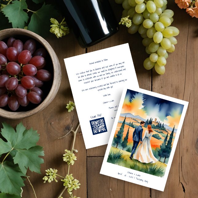 Tuscany Italy Colorful Field Landscape Wedding  Spara Datumet (Tuscany Italy Colorful Field Landscape Wedding Couple Illustration Save the Dates Cards.)