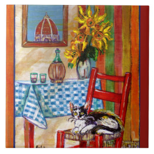 TUSCANY KITCHEN CAT,SUNFLOWERS VIN GLASSES KAKELPLATTA