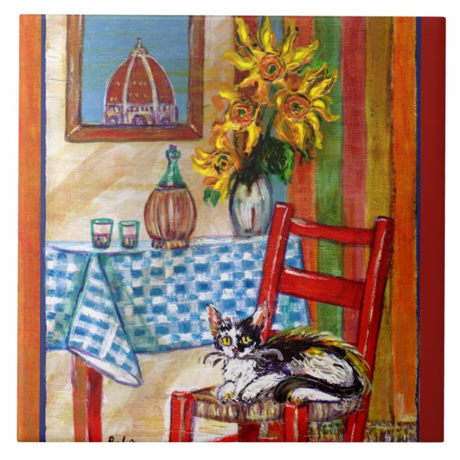 TUSCANY KITCHEN CAT,SUNFLOWERS VIN GLASSES KAKELPLATTA (Framsidan)