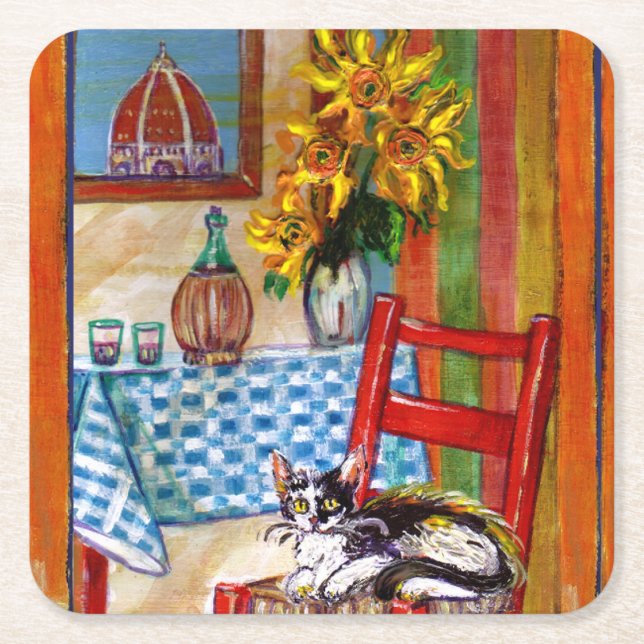 TUSCANY KITCHEN CAT,SUNFLOWERS VIN GLASSES UNDERLÄGG PAPPER KVADRAT (Framsidan)