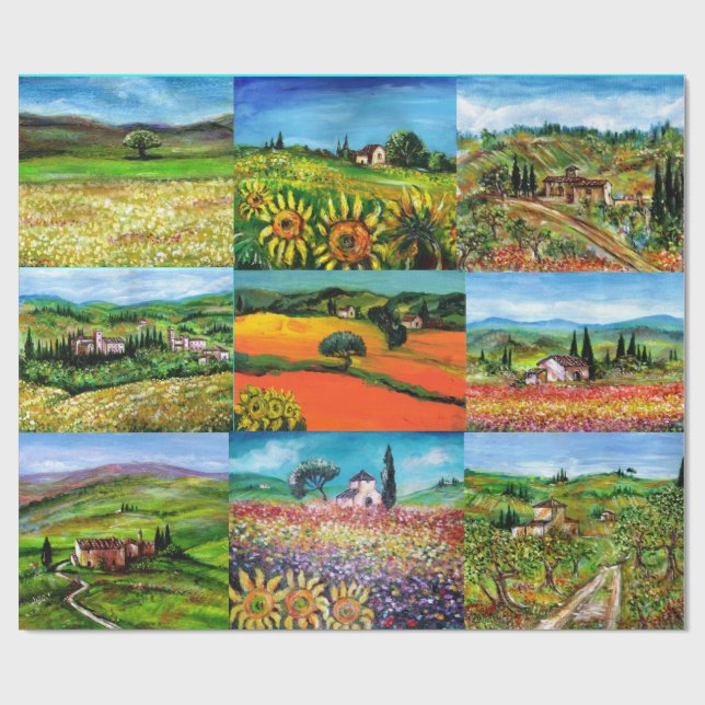 TUSCANY LANDSCAPE SUNFLOWES,POPPIES,FLOWER FÄLT PRESENTPAPPER (Platt)