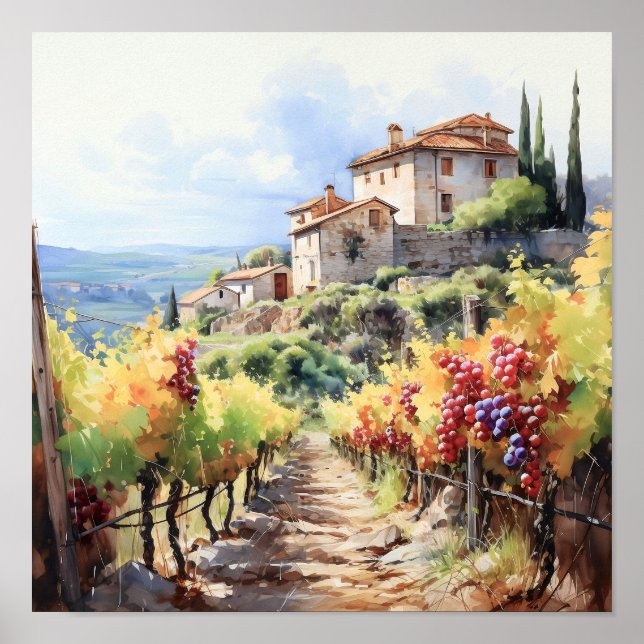Tuscany Winery Watercolor Art Poster (Framsidan)