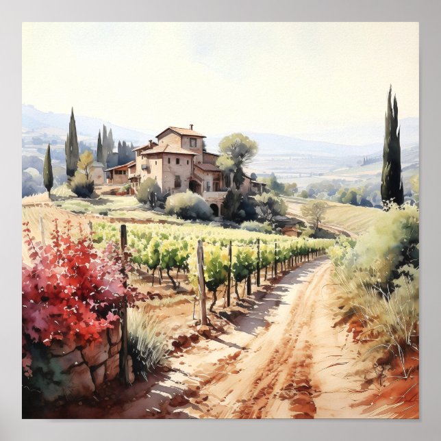 Tuscany Winery Watercolor Art Poster (Framsidan)