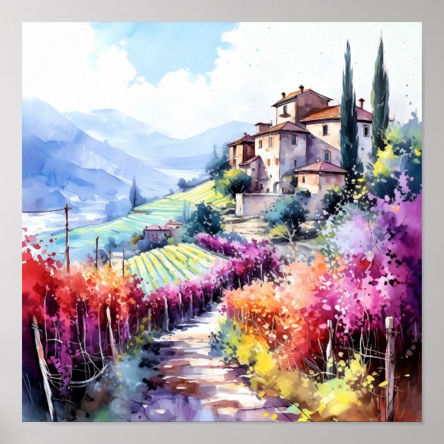 Tuscany Winery Watercolor Art Poster (Framsidan)