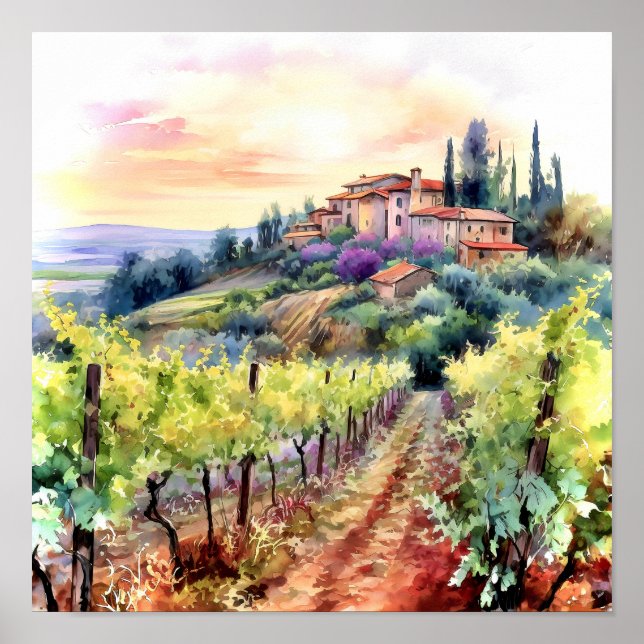 Tuscany Winery Watercolor Art Poster (Framsidan)
