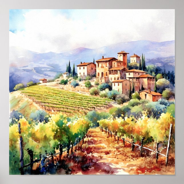 Tuscany Winery Watercolor Art Poster (Framsidan)