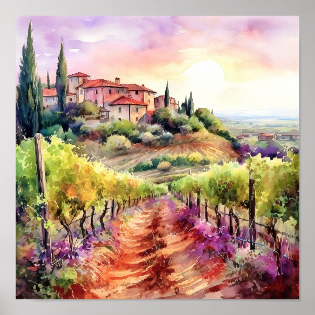 Tuscany Winery Watercolor Art Poster (Framsidan)