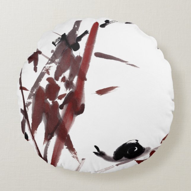 Tuschekunst mit Schnecke und Rotem Bambus Rund Kudde (Framsidan)