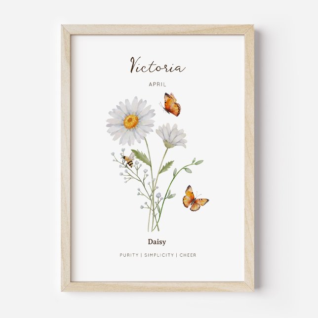 Tusenskönas födelsemånadsblomma Affisch (Example of daisy birth flower poster once framed. )