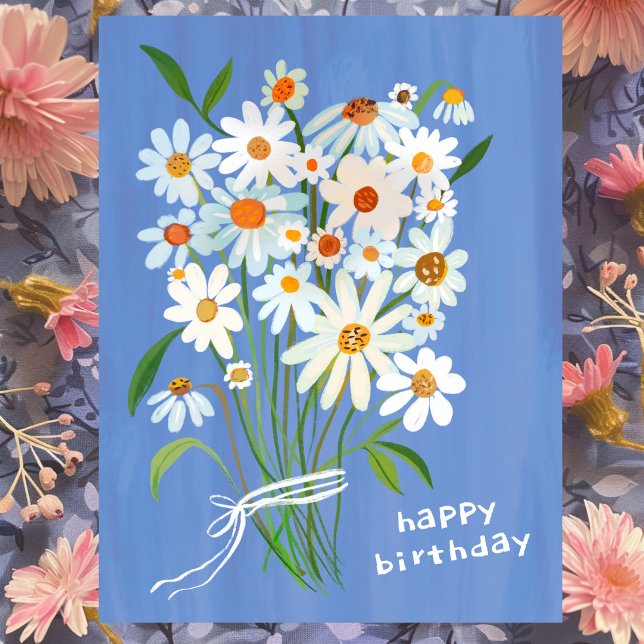 Tusenskönasbukett Glad födelsedag Handmålad Gouach Vykort (Daisy Bouquet Happy Birthday Handpainted Gouache Postcard Blue
)