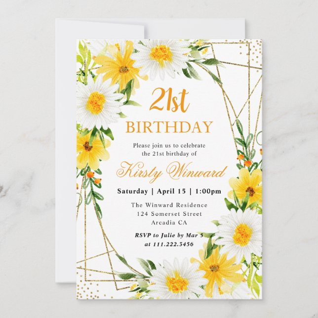 Tusenskönor & gula blommor Guld ram 21-årsdag Inbjudningar (Framsida)