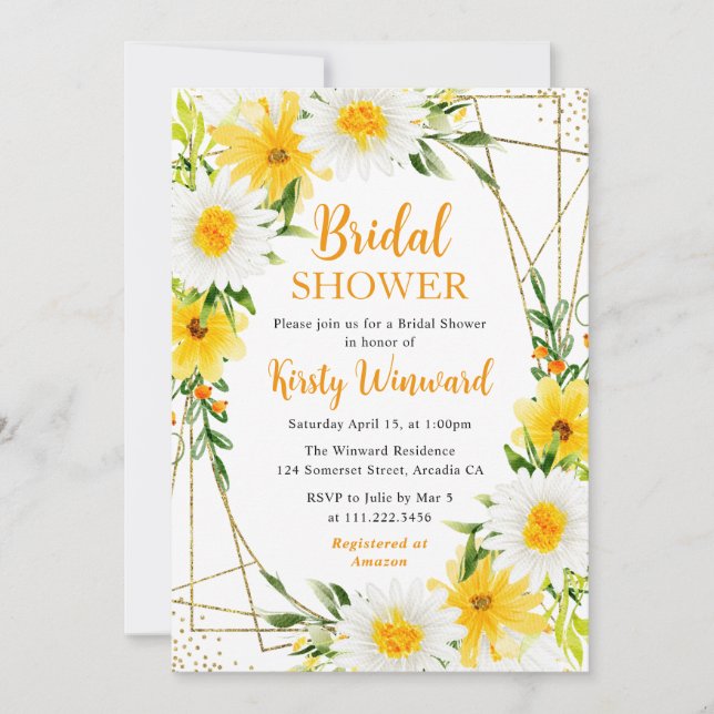 Tusenskönor & gula blommor Guld ram Bröllopsdusch Inbjudningar (Framsida)