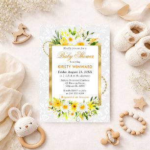 Tusenskönor & gula sommarblommor Guld babyfirande Inbjudningar