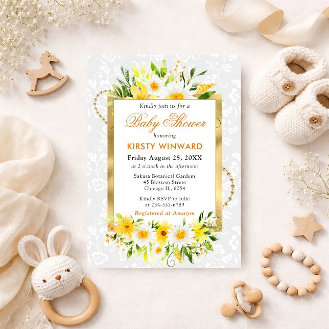 Tusenskönor & gula sommarblommor Guld babyfirande Inbjudningar (Skapare uppladdad)