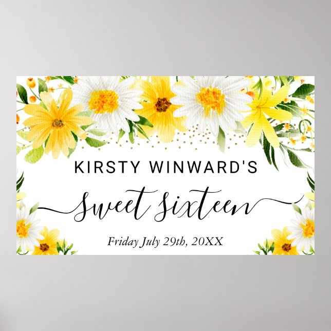 Tusenskönor och gula blommor Sweet 16 välkommen Poster (Framsidan)