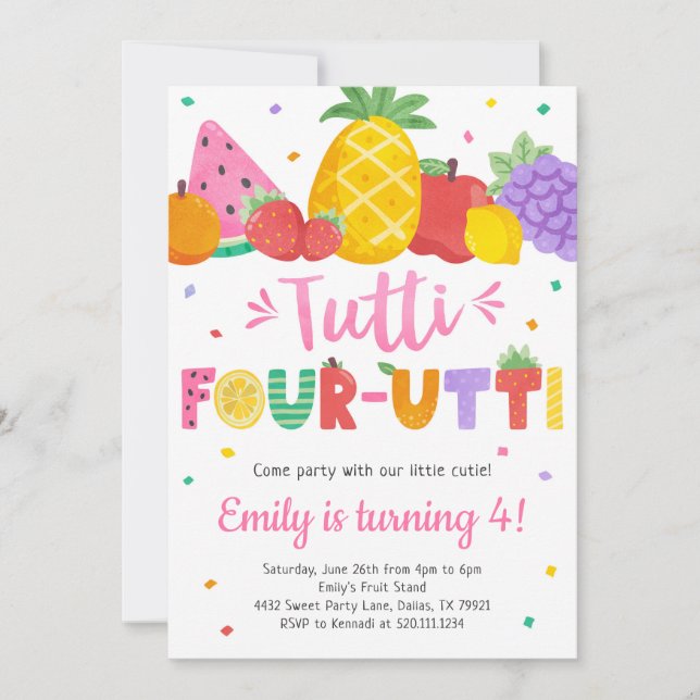 Tutti Frutti 4-utti 4e födelsedagen-inbjudan Inbjudningar (Framsida)