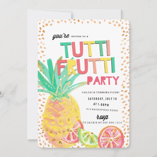 TUTTI FRUTTI-ananas födelsedagsfest inbjudan (Framsida)