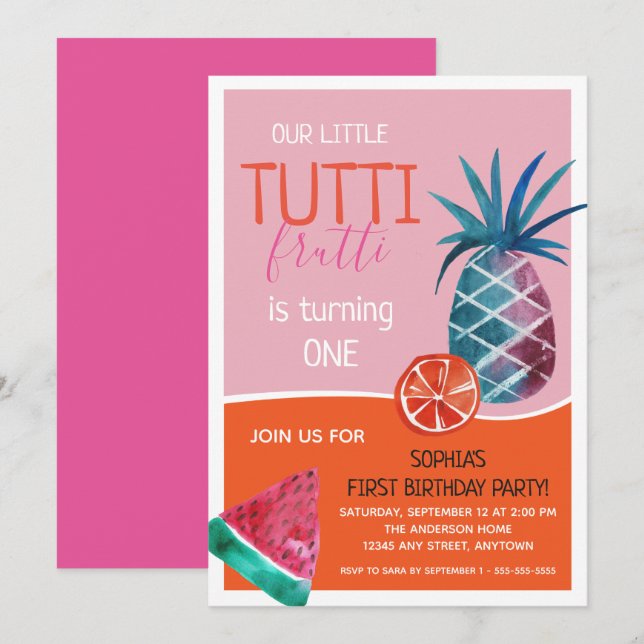 Tutti Frutti Första Födelsedagsfesten Inbjudningar (Fram/baksida)