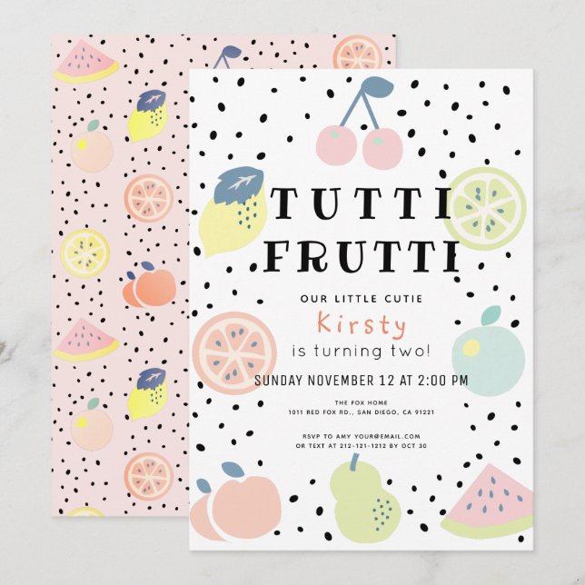 Tutti Frutti Pastel Fruit 2:a födelsedagen Inbjudningar (Fram/baksida)