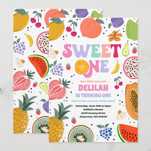 Tutti Frutti Tropical Summer Sweet en Birthday Inbjudningar (Fram/baksida)