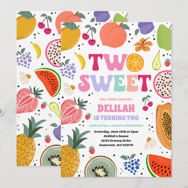 Tutti Frutti Tropical Summer Two Sweet Birthday Inbjudningar (Fram/baksida)