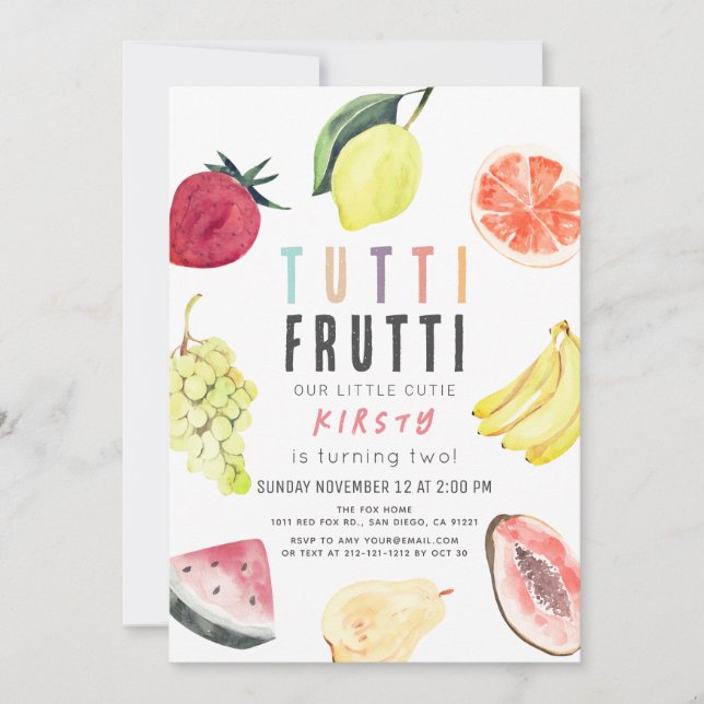 Tutti Frutti Watercolor Fruit 2:a födelsedagen Inbjudningar (Framsida)